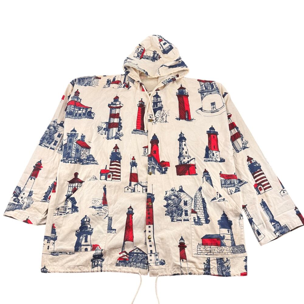 Vintage 80s Michigan Rag Co Lighthouse AOP Jacket Men's L/XL Nautical Ocean